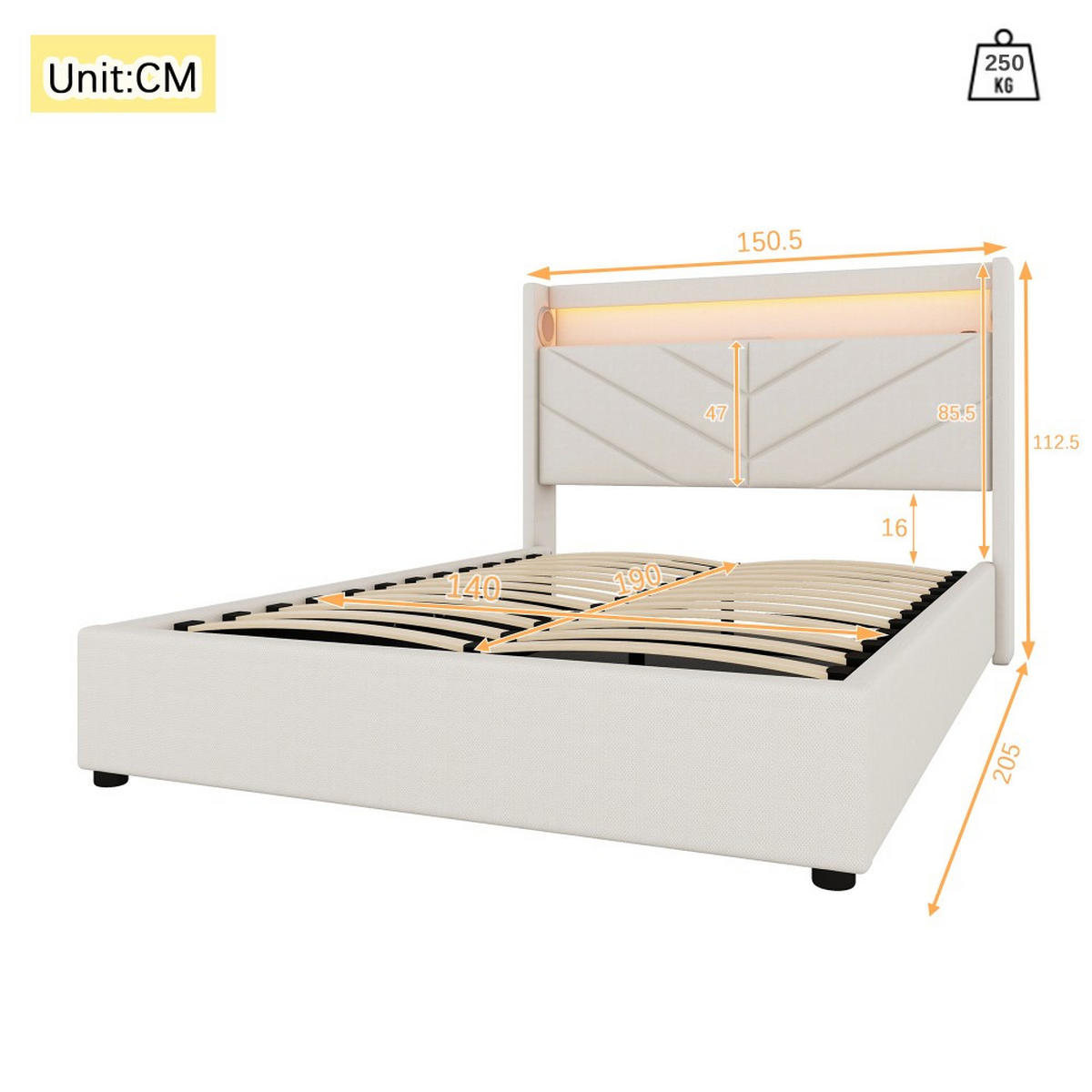 POLSTERBETT 140 x 190 cm in Beige Leinen mit Mit USB und Stereoanlage - Beige, Holz/Textil (140/190cm) - KOMHTOM