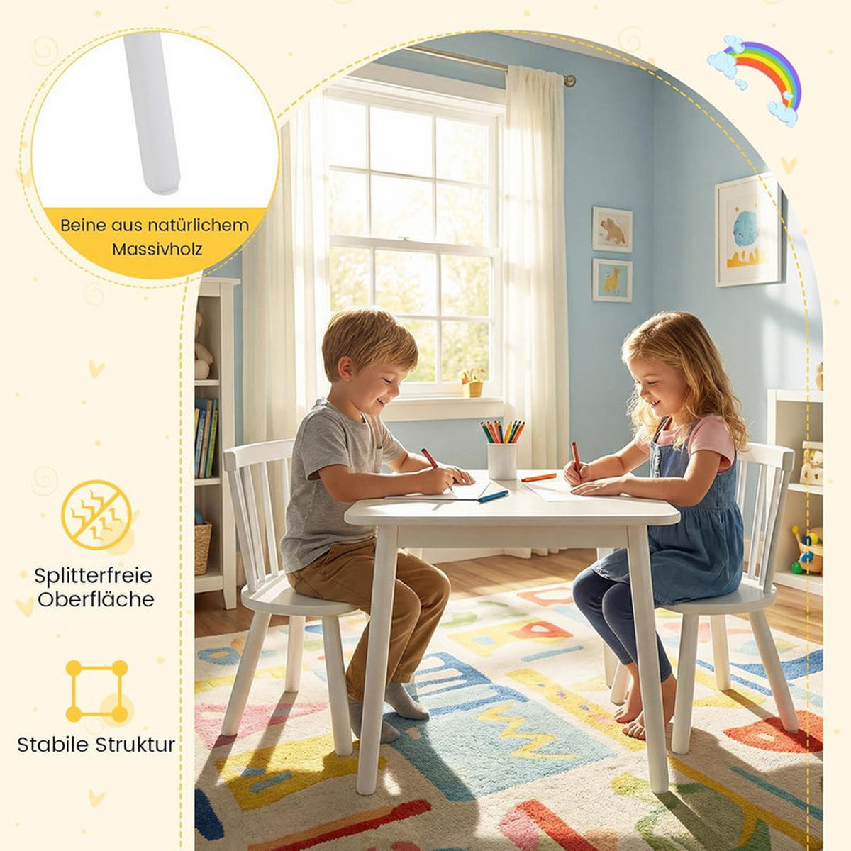 KINDERTISCH mit 2 Stühlen weiß(3-tlg) - Weiß, Holzwerkstoff (60/43.5/60cm) - COSTWAY