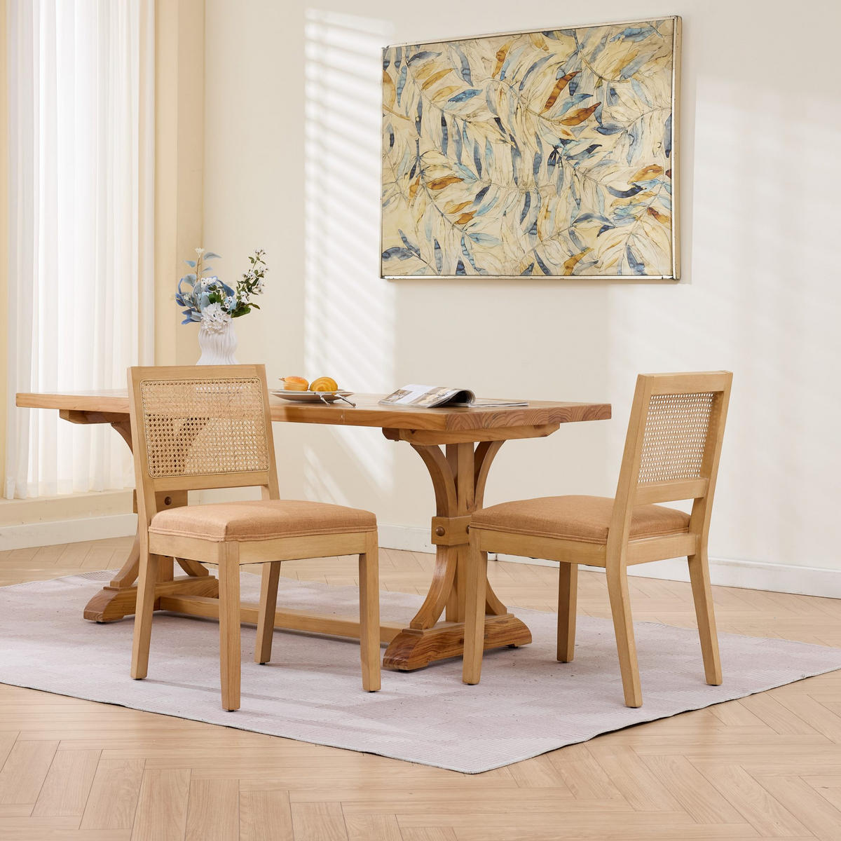 STUHL-SET DE-36363 2 Stück mit Rattan-Rückenlehne Beige - Cognac, Holz (48/86.5/56cm) - ComfortXL