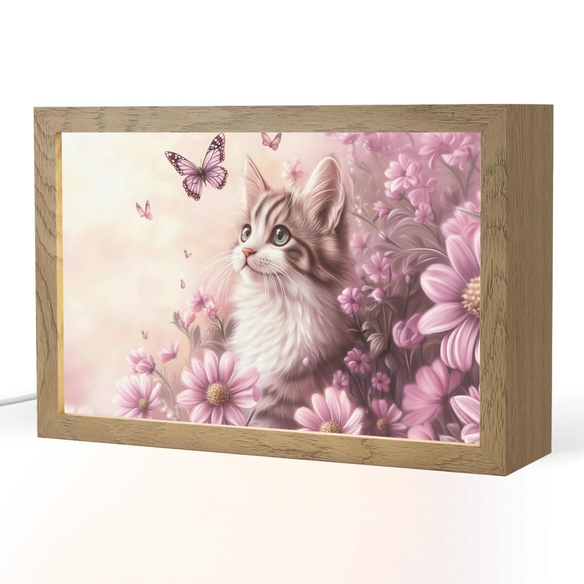 NACHTTISCHLAMPE Kätzchen - Blumen - Schmetterlinge - Lila 30x20 cm - Altrosa, Holzwerkstoff (8/30/20cm)