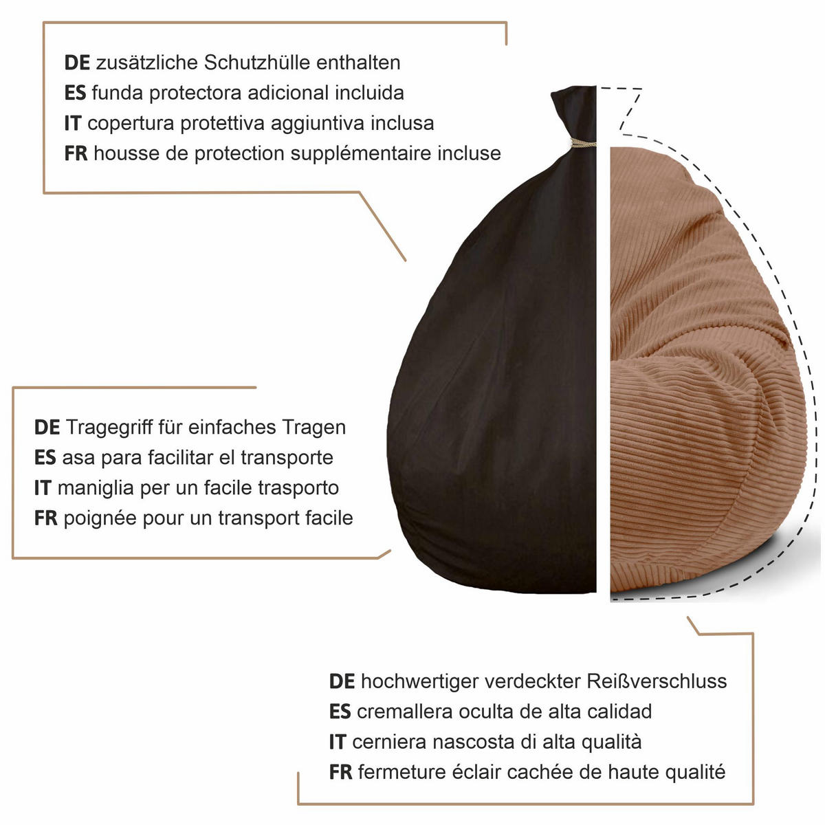 SITZSACK PARADISE MIT FUßSTÜTZE Kordsamt 2-tlg Brown Bear M - Braun, Textil (90/100/90cm) - Dreamroots
