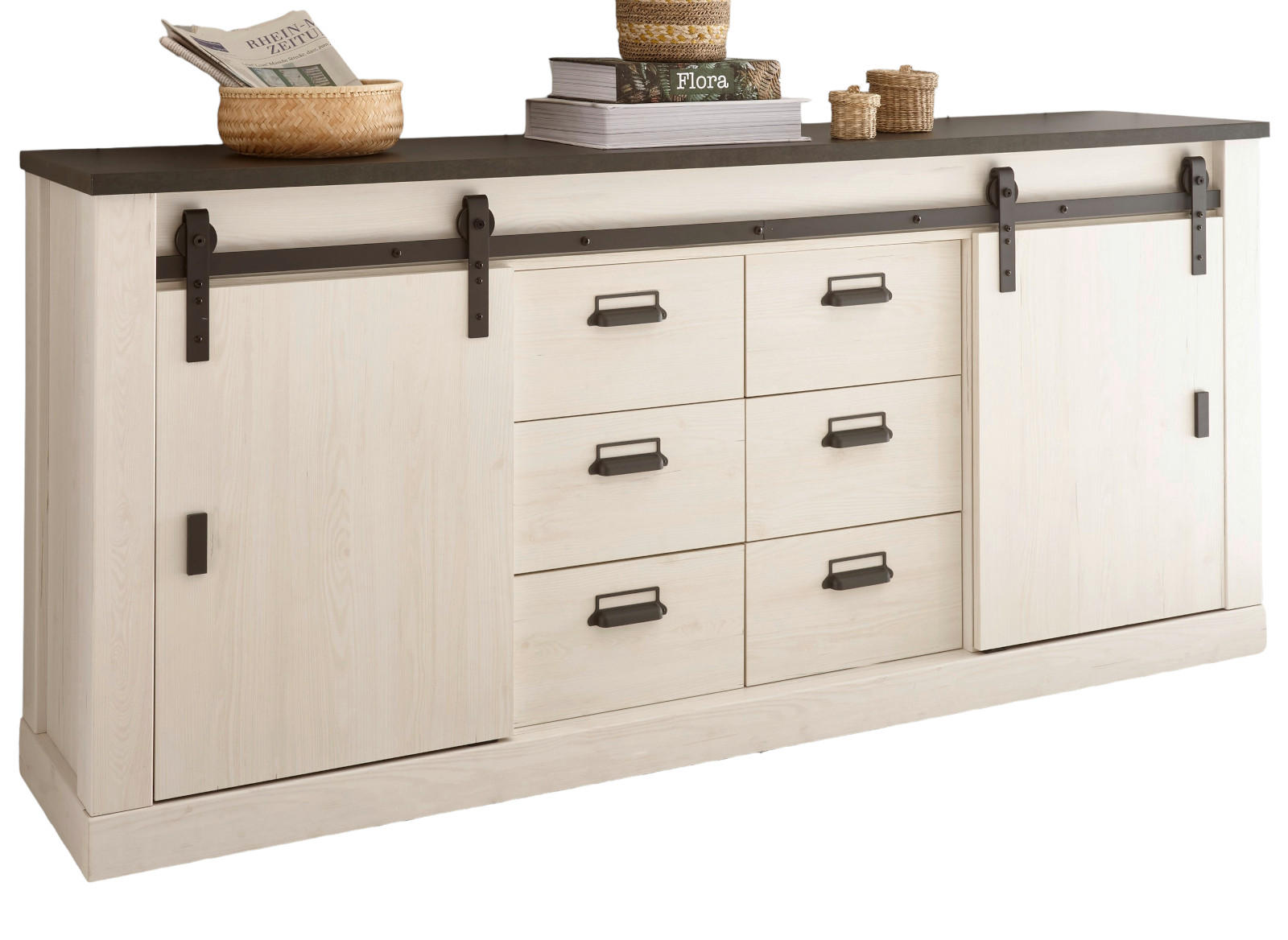 SIDEBOARD weiß Pinie, anthrazit Landhaus, Kommode 201 cm - Anthrazit/Weiß, Holzwerkstoff/Metall (201/91/43cm) - Furn.Design
