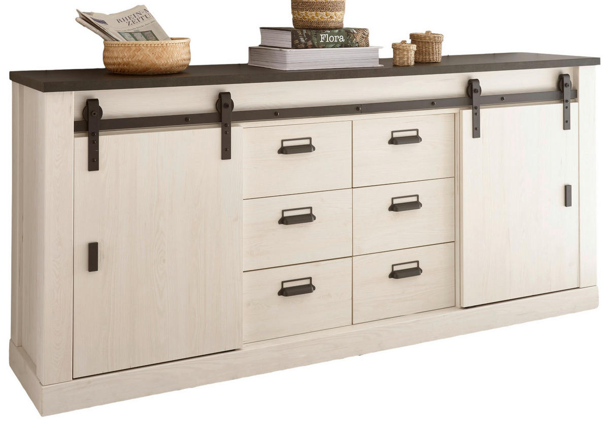 SIDEBOARD weiß Pinie, anthrazit Landhaus, Kommode 201 cm - Anthrazit/Weiß, Holzwerkstoff/Metall (201/91/43cm) - Furn.Design