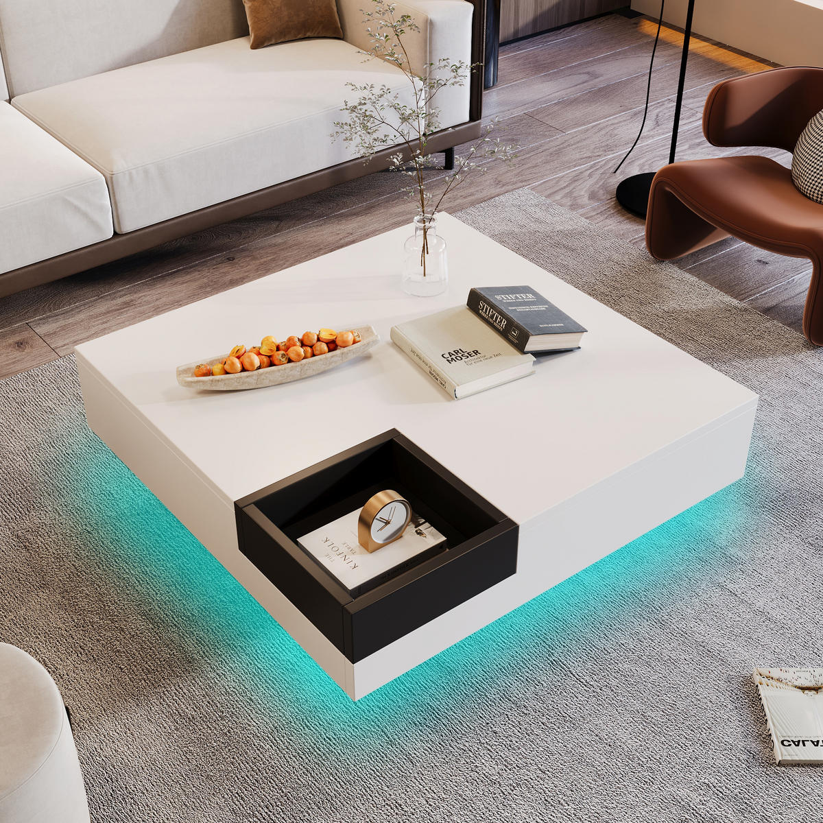 COUCHTISCH, Hochglanz-Design in Weiß und Schwarz mit abnehmbarer Aufbewahrungsbox und mehrfarbiger LED, 72/72/30 cm,Weiß - Weiß, Holzwerkstoff (72/72/30cm) - Redom