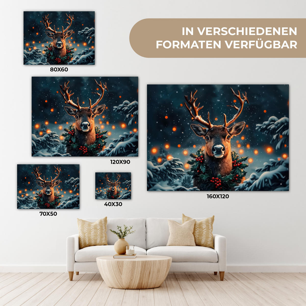LEINWANDBILD Hirsch - Weihnachten - Winter - Schnee - Weihnachtskranz 40x30 cm - Dunkelbraun, Textil (40/30cm) - MuchoWow