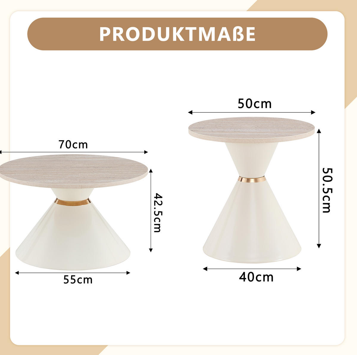 COUCHTISCH-SET aus Metall und Melamin 70x70x42 cm in Holzfarben und Creme, nestbar - Eichefarben, Metall (70/70/42.5cm) - IVMEU