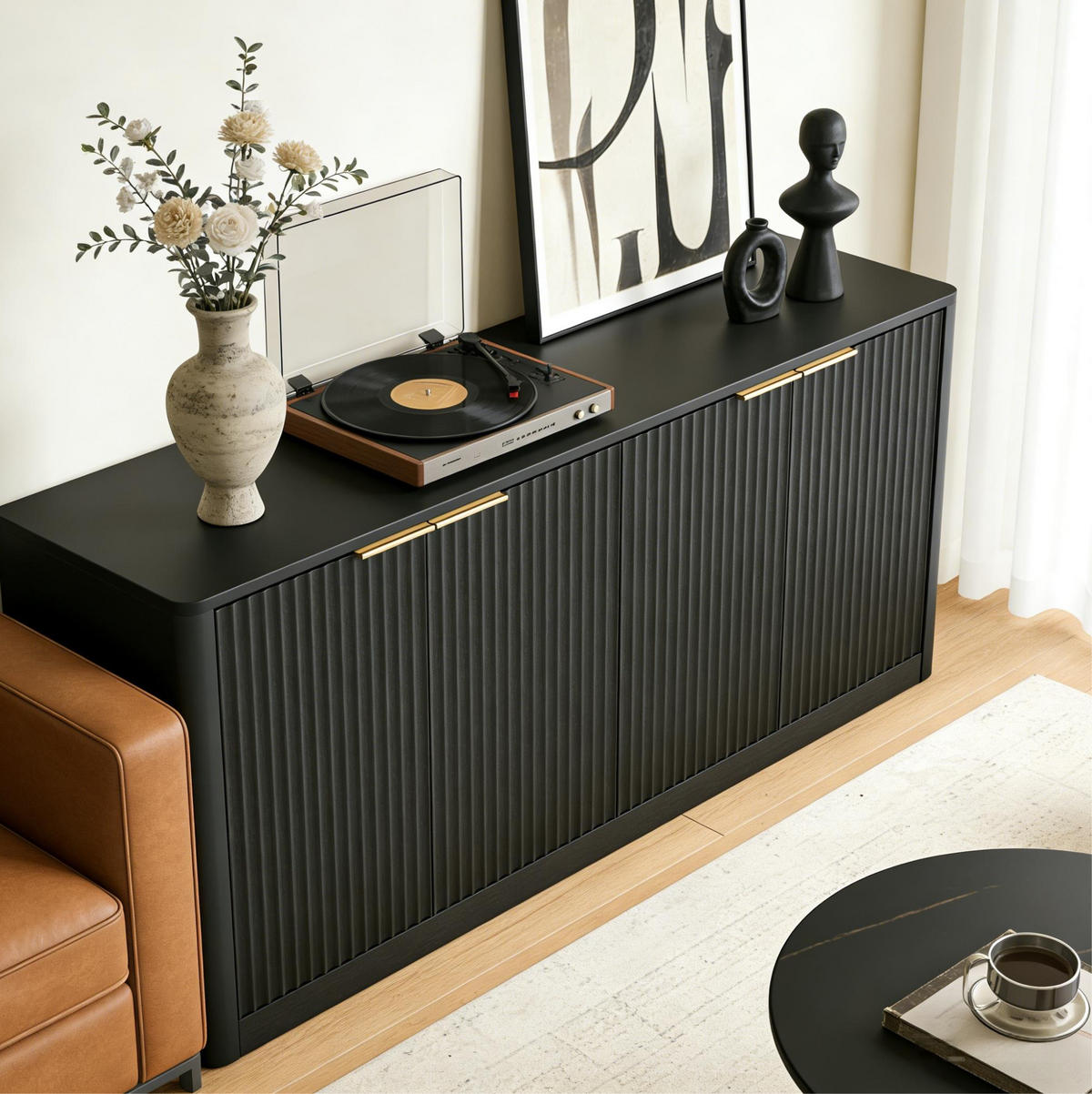 SIDEBOARD 150/40/70,5 cm aus MDF mit 4 Türen, wellenförmiger Front und viel Stauraum, Schwarz - Schwarz, Holzwerkstoff (150/70.5/40cm) - Redom