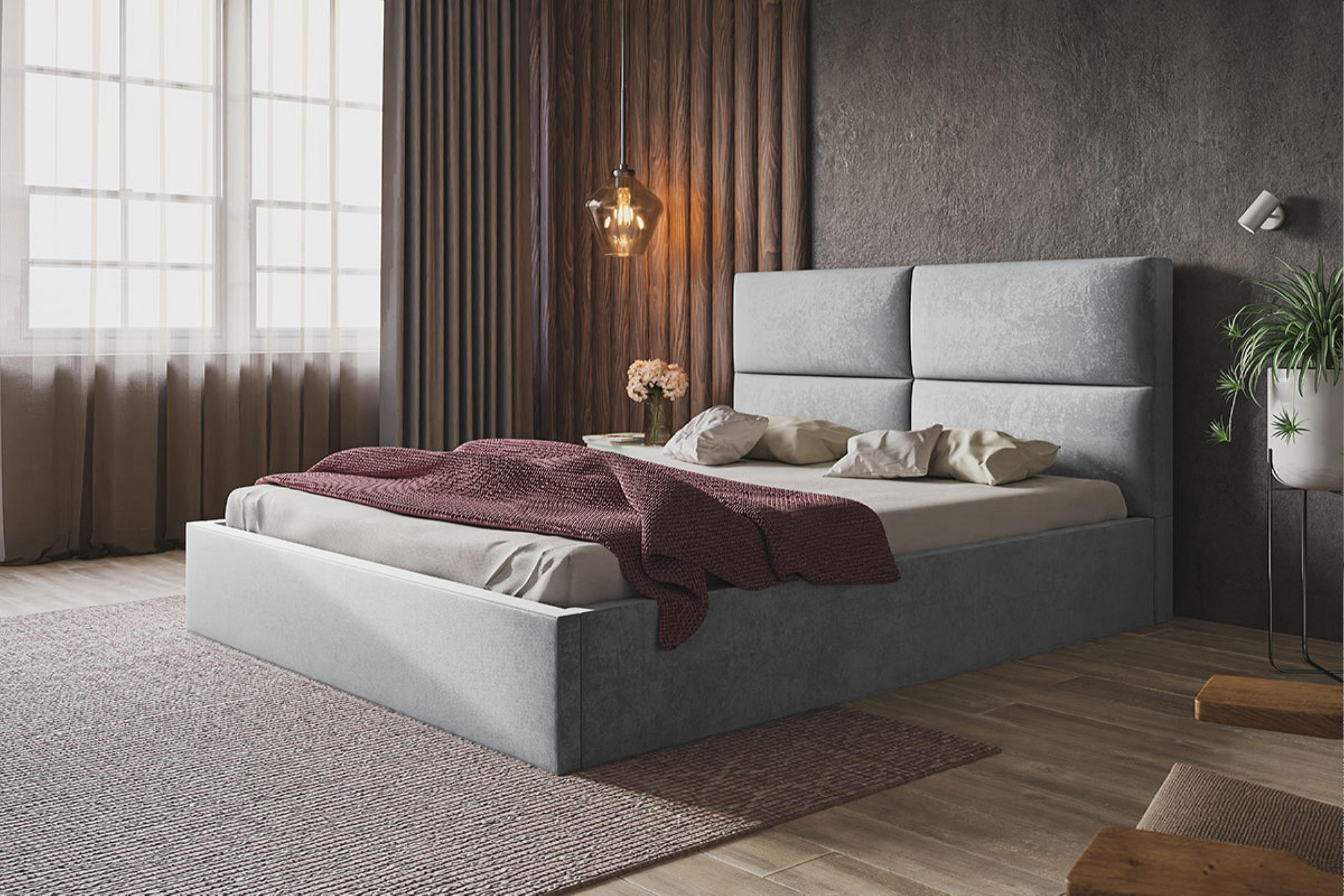 POLSTERBETT LIZBONA SLIM, 160 x 200 cm mit Bettkasten und Lattenrost aus Holz, Farbe: Grau, Velourestoff - Grau, Holz/Kunststoff - Alpi-Möbel