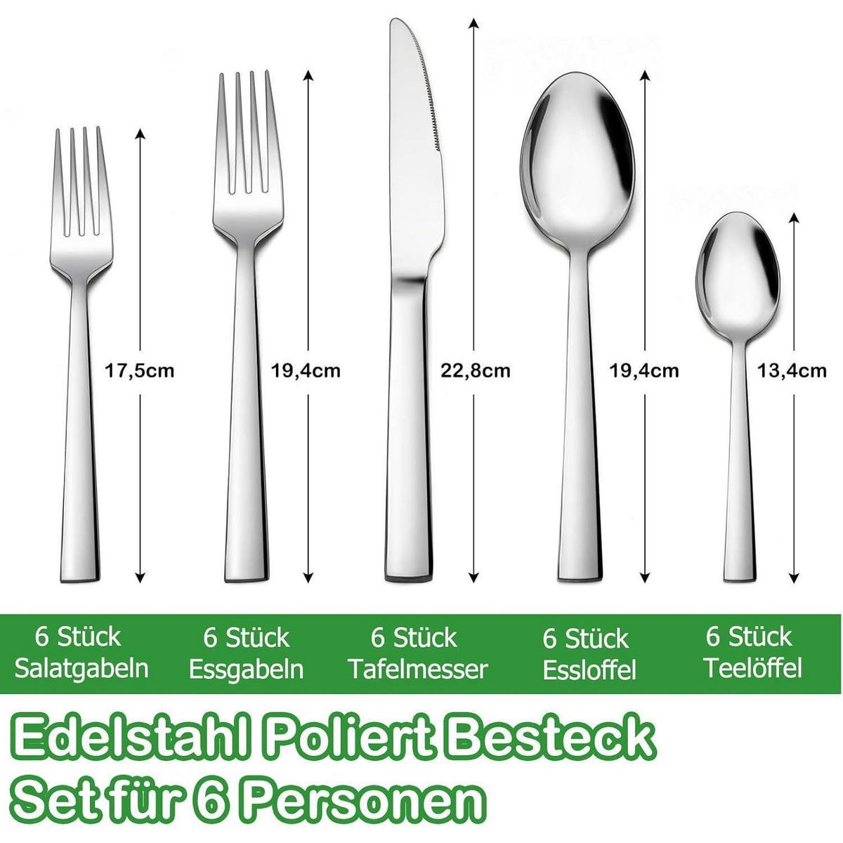 BESTECKSET 30-teilig Edelstahl poliert für 6 Personen - Silberfarben, Metall