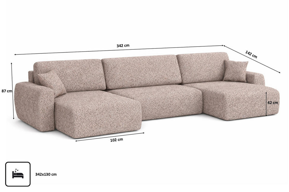 ECKSOFA Mit Schlaffunktion Und Bettkasten U-Form Ariel U, Chenille-Stoff Artico, Beige - Beige, Holz (342/142cm) - Kaiser Möbel