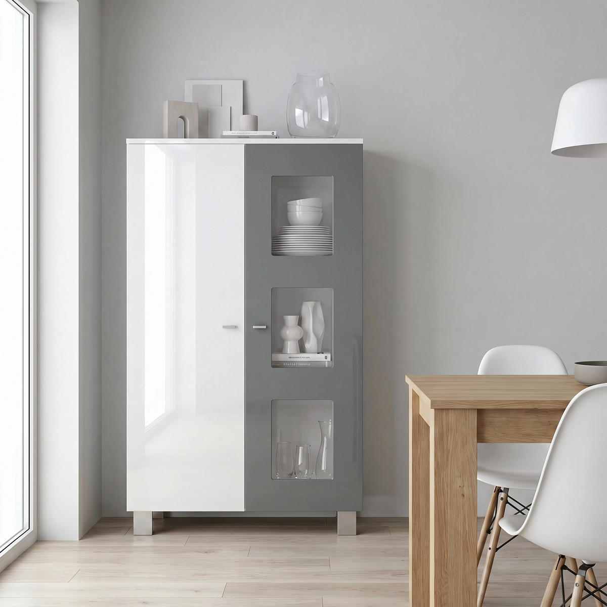 VITRINA Denjo Bijela mat / Bijela visoki sjaj / Siva visoki sjaj (71 x 129 x 35 cm) - siva, drvni materijal (71/129/35cm) - Vladon
