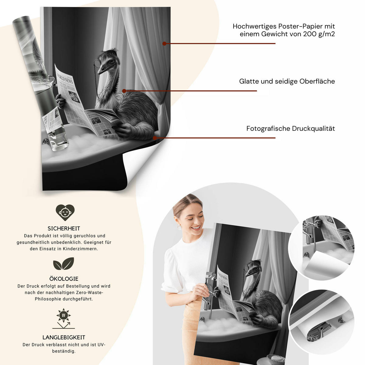 POSTER für Badezimmer WC Strauß in Badewanne Zeitung Abstraktion 20x30cm - Schwarz/Weiß, Papier (20/30/1cm) - Muralo