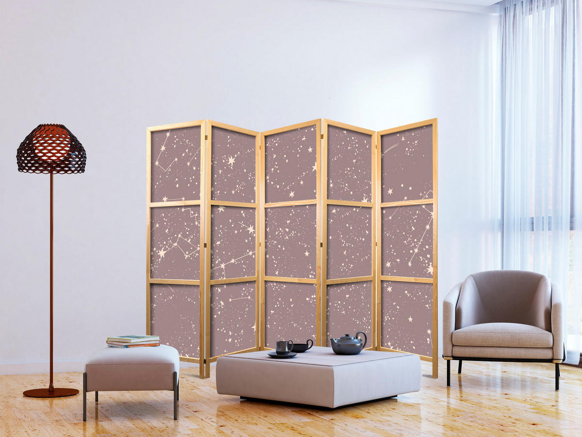 PARAVENT Japanischer 5-tlg 225x172 cm Sterne - Rosa, Holz/Textil (225/172/3cm) - Muralo
