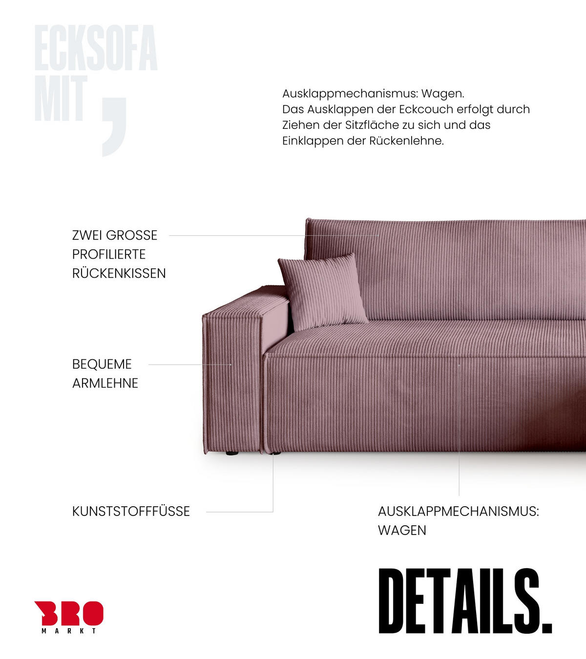 ECKSOFA ADI mit Schlaffunktion Puderrosa Cord - Rosa, Textil (244/143cm) - Bromarkt