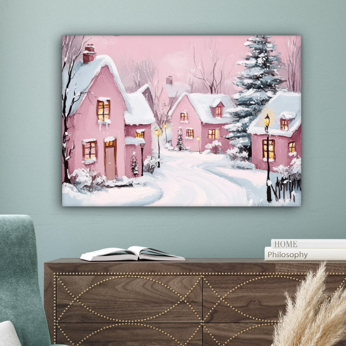 LEINWANDBILD Weihnachtsdorf - Rosa - Winter - Schnee - Häuser Wandbilder 80x60 cm - Altrosa, Textil (80/60cm) - MuchoWow