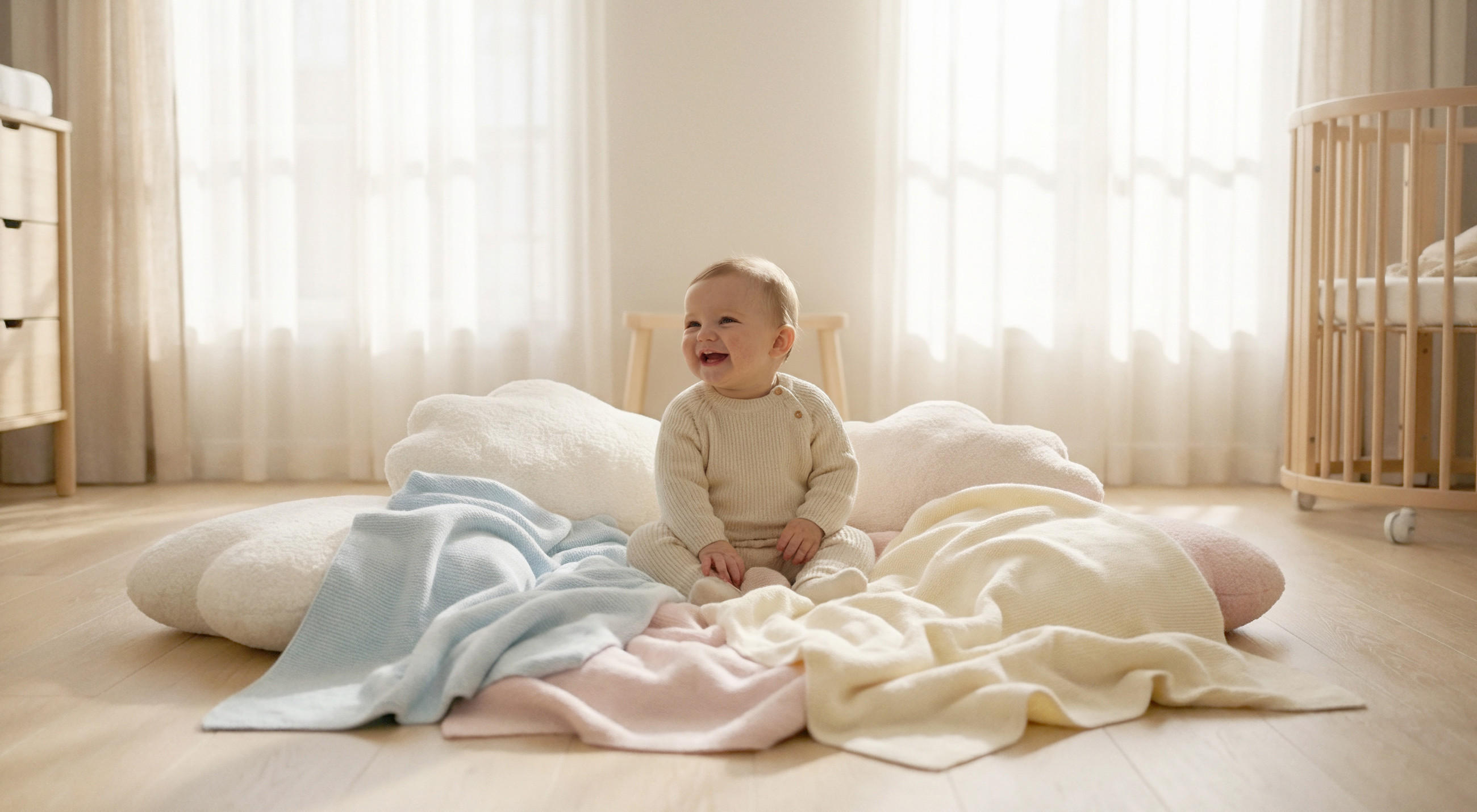 Ein Baby sitzt auf weichen, pastellfarbenen Decken und Kissen in einem hellen Raum mit bodentiefen Vorhängen und einem runden Holz-Babybett im Hintergrund.