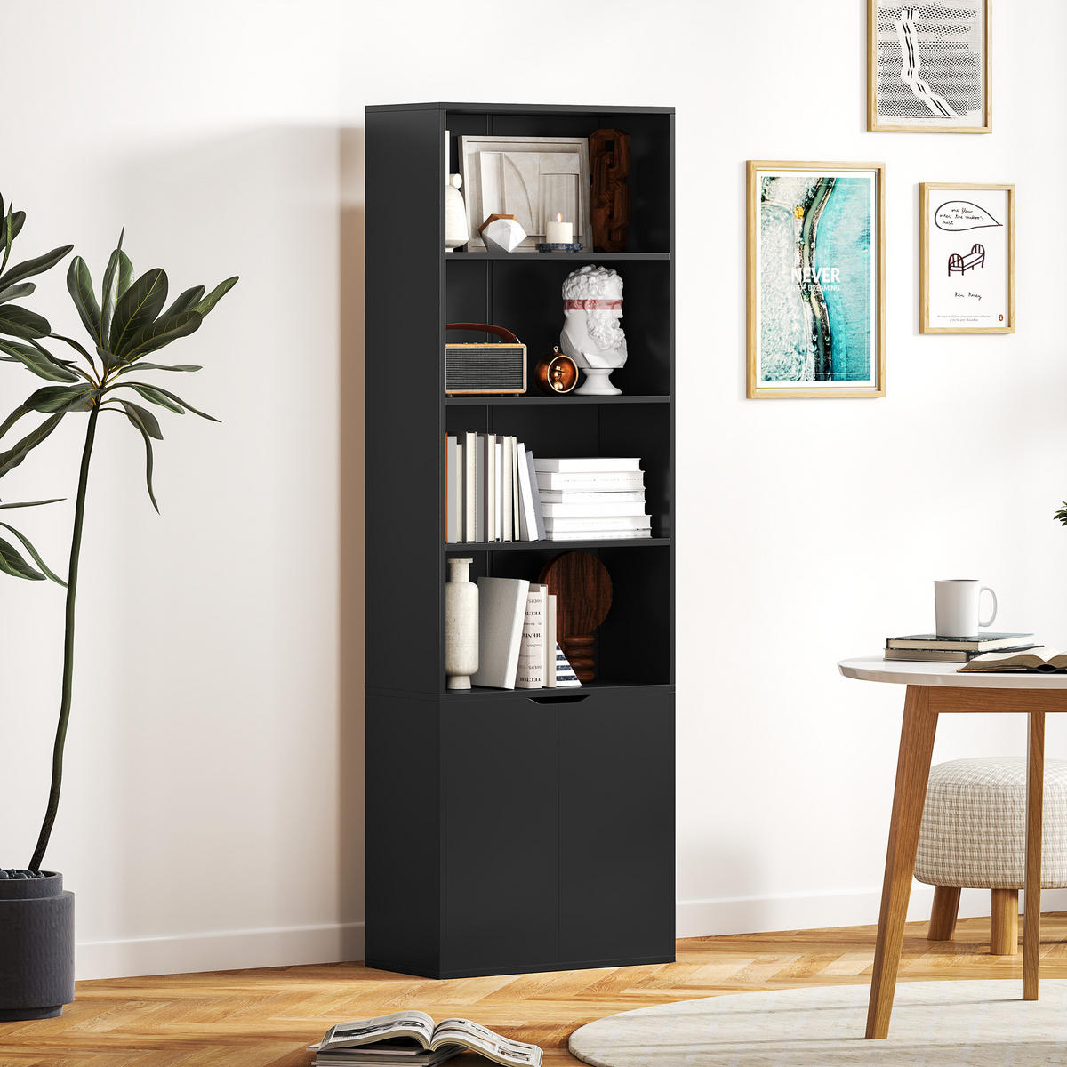 AKTENREGAL DE-14460 mit 4 offenen Fächern und 2 Türen Schwarz - Schwarz, Holzwerkstoff (29/180/59cm) - ComfortXL