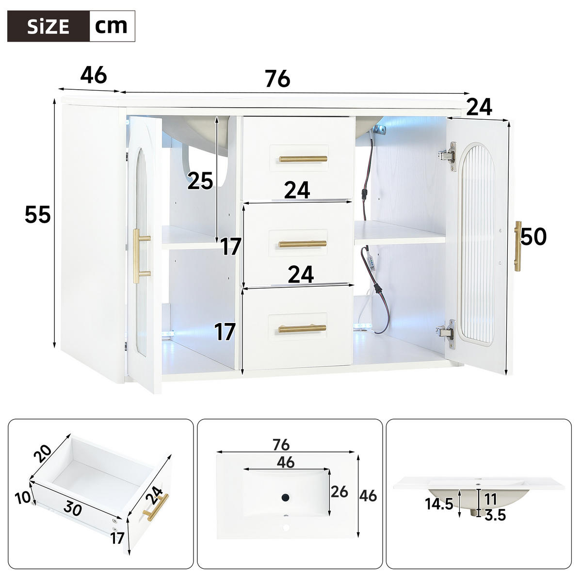 BADEZIMMERSCHRANK Wandmontiert Waschbecken LED Glasfront 76cm - Weiß, Glas (76/55/46cm) - FLIEKS