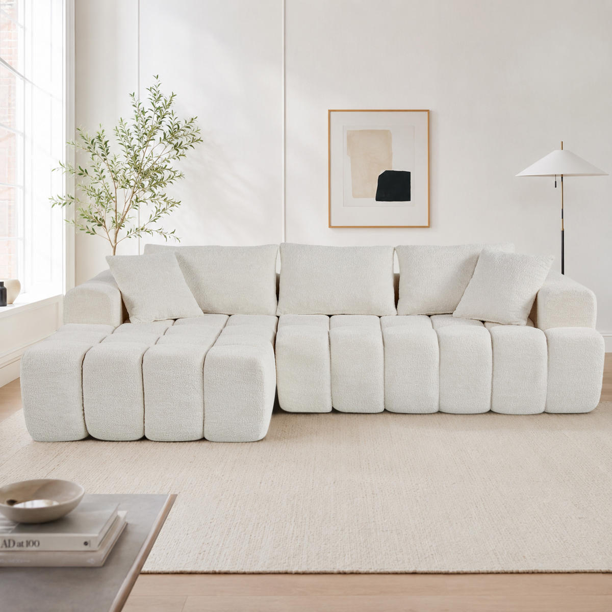 ECKSOFA L-Form 3-Sitzer in Weiß aus Samt mit linker Chaiselongue - Weiß, Textil (250/160cm) - CHICFURN