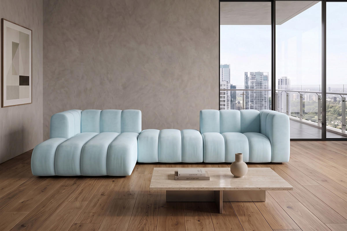 ECKSOFA Modulares In L-Form, Velvet-Stoff Riviera, Babyblau, Links, GRAND 319 cm - Hellblau, Holz (319/175cm) - Kaiser Möbel
