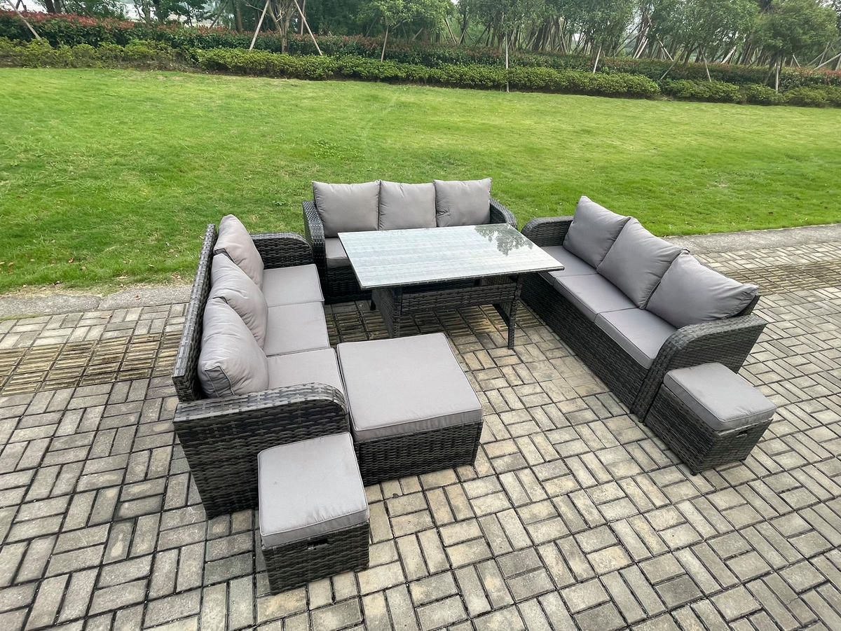 GARTENTISCHGRUPPE mit 3 Hocker Polyrattan Dunkelgrau 12-Sitzer - Dunkelgrau/Grau, Glas/Kunststoff - Fimous