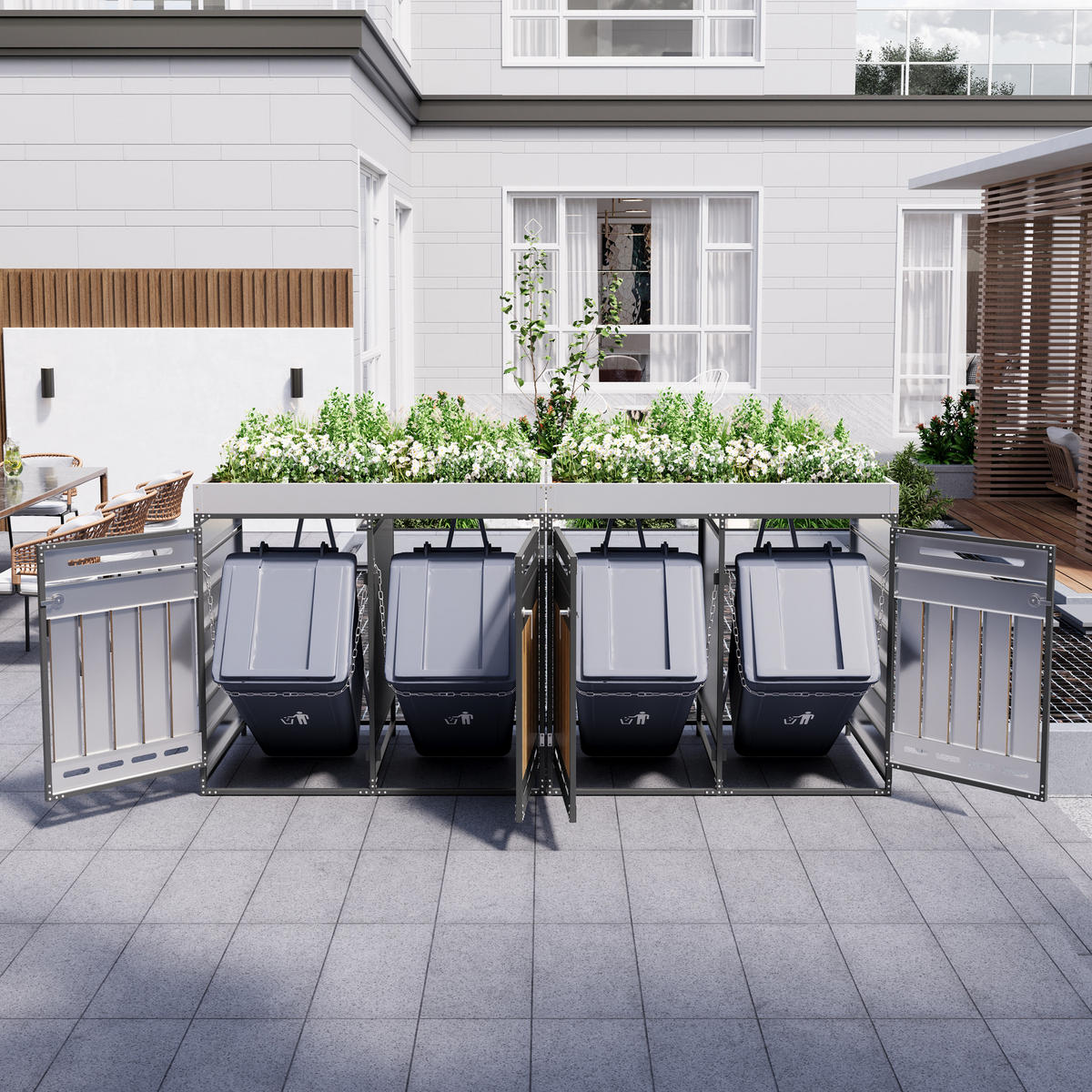 MÜLLTONNENBOX 4er Set Pflanzkasten Holzoptik Schloss - Schwarz, Metall (262/120/79cm) - LEBENLANG