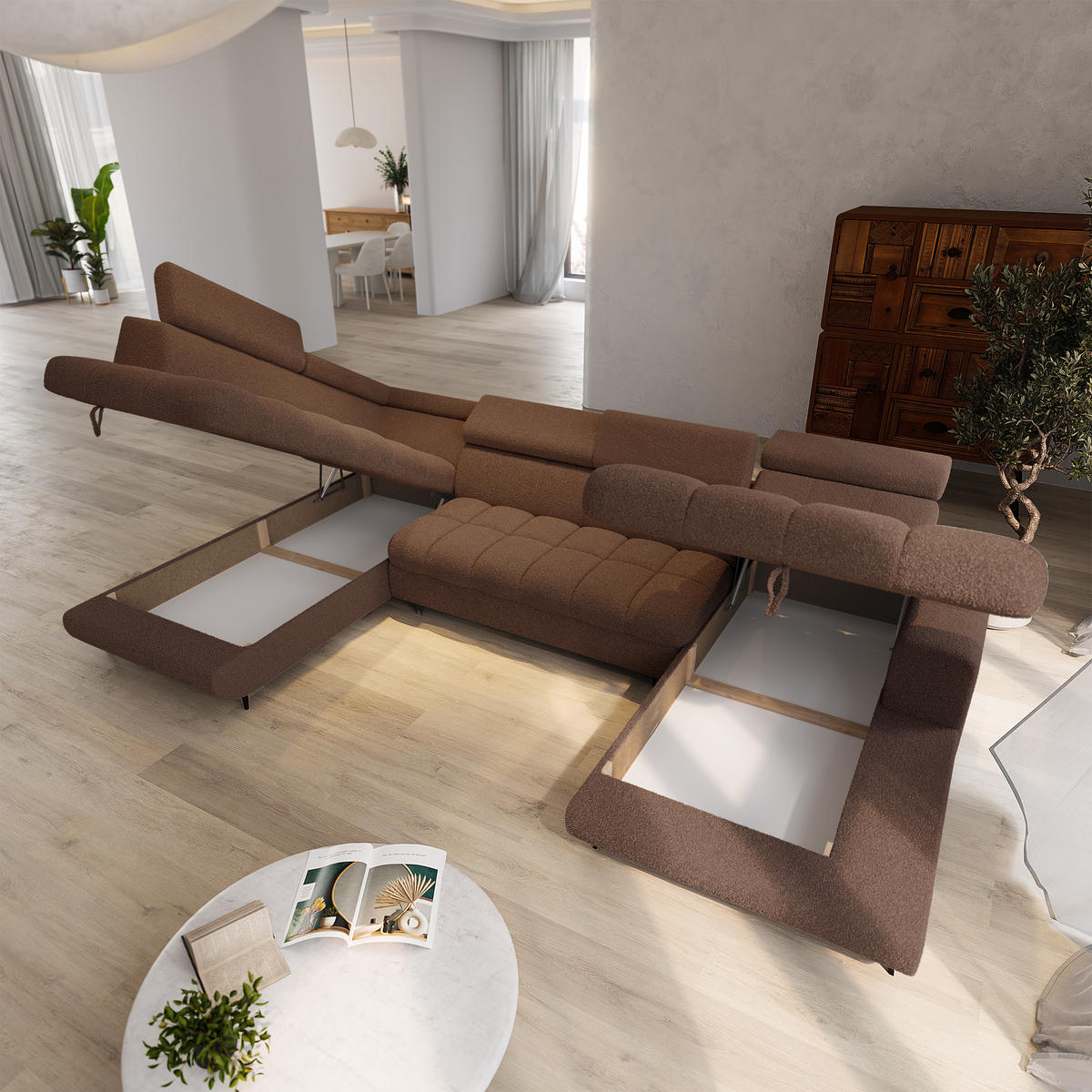 WOHNLANDSCHAFT CORENO Braun Boucle-Stoff mit Schlaffunktion - Braun, Holz (345/88/190cm) - MASSENO