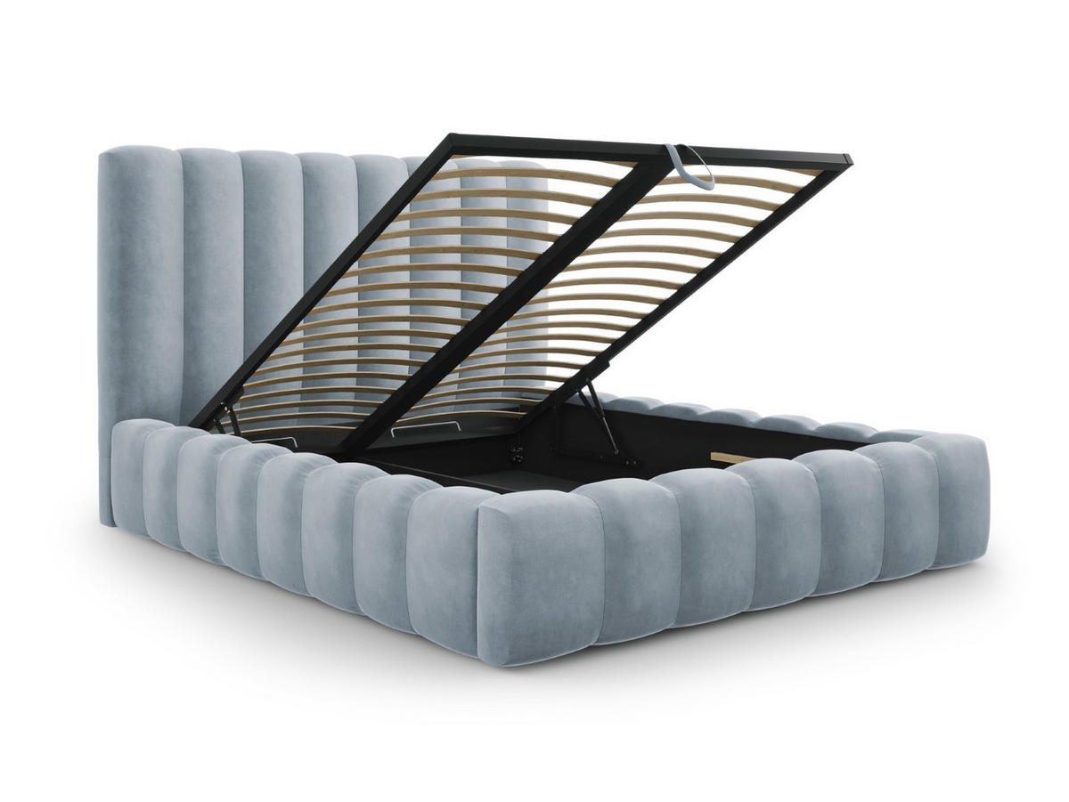BETT mit Bettkasten und Kopfteil Kelp aus Samt hellblau 200x200cm - Hellblau, Textil (200/200cm) - Micadoni