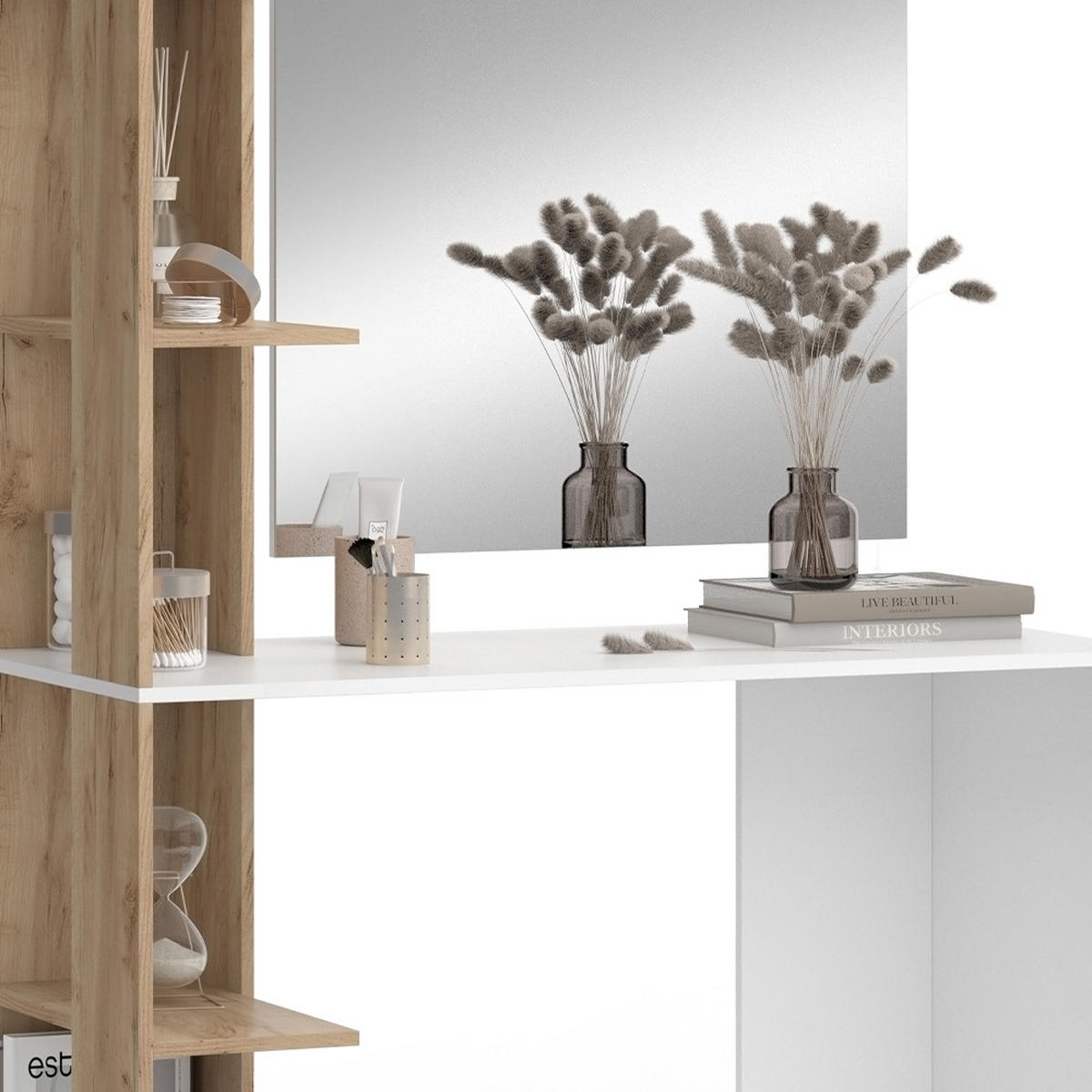 SCHMINKTISCH Tower Weiß/Sonoma 122.2 cm mit Spiegel - Weiß/Sonoma Eiche, Holzwerkstoff (122.2/75.8/55.2cm) - Vicco