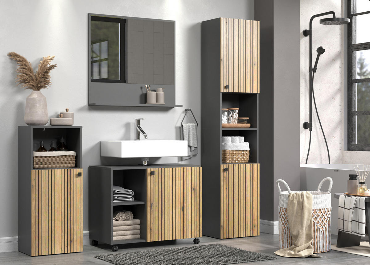 WASCHBECKENUNTERSCHRANK Evoke Eiche, grau 80 cm, Badschrank auf Rollen - Eichefarben/Anthrazit, Holzwerkstoff/Metall (80/64/42cm) - Top.Furn