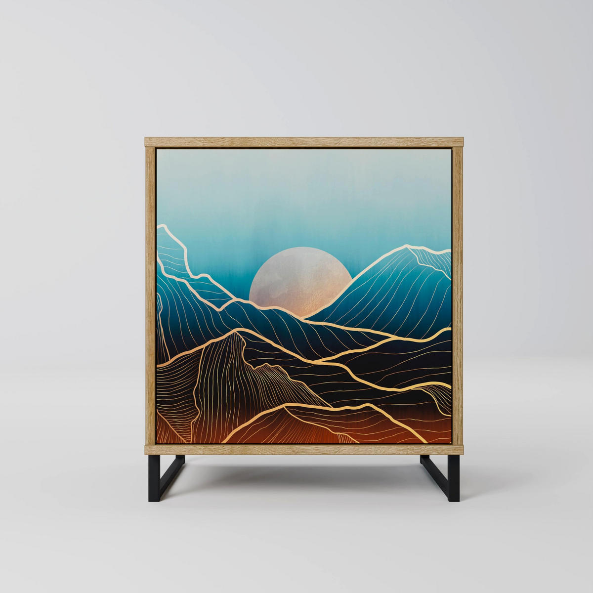 SIDEBOARD LUNAR SECRETS, Eichefarben, 57,5x42x72,5 cm, Schwarze Metallfüße - Eichefarben/Multicolor, Holzwerkstoff/Metall (57.5/72.5/42cm) - SpaceRebels