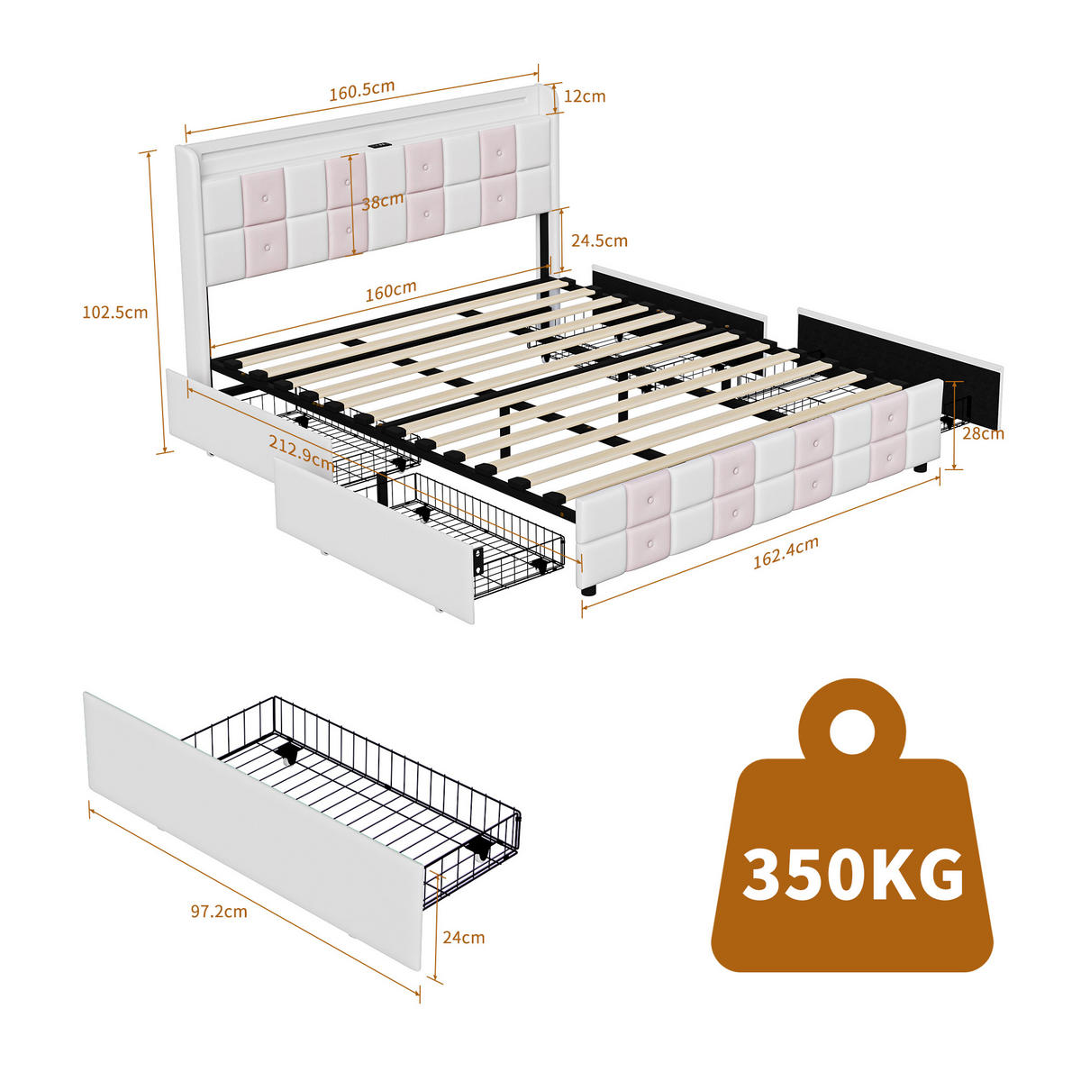 POLSTERBETT 160x200 cm LED USB Stauraum Lattenrost weiß - Weiß, Holz (160/200cm) - LEBENLANG