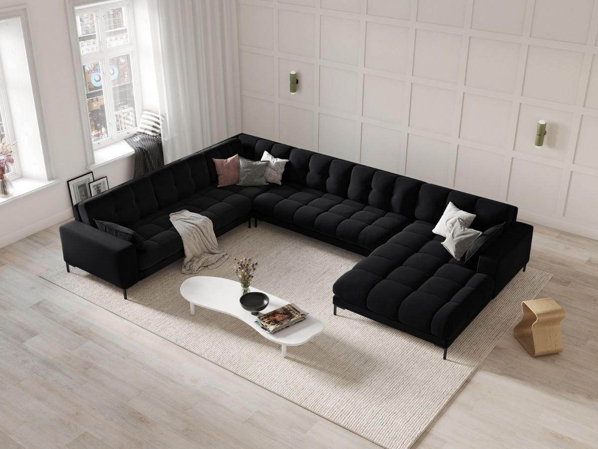 PANORAMASOFA links Mamaia aus Samt schwarz 7 Sitzplätze - Schwarz, Textil (256/75/327cm) - Micadoni