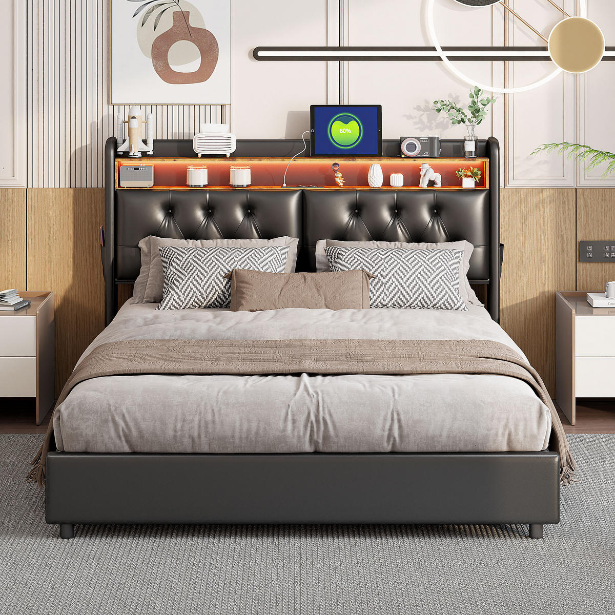 POLSTERBETT 180x200 cm, Schwarz, LED-Beleuchtung und Steckdosen - Schwarz, Textil/Metall (180/200cm)