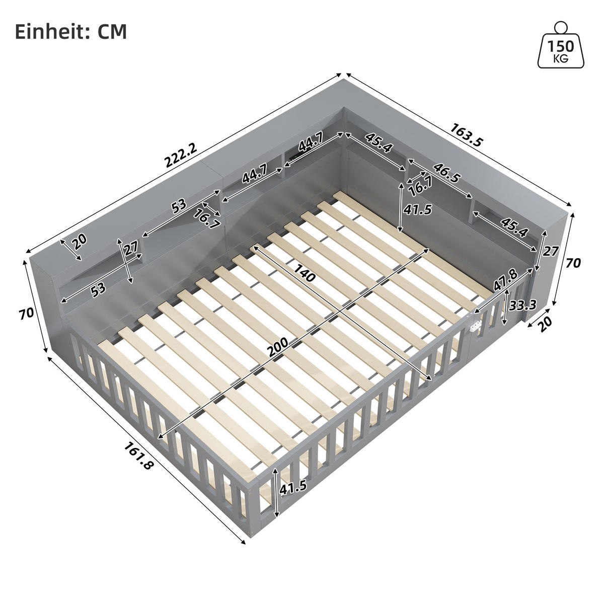 KINDERBETT Tagesbett 140/200 cm aus Holzwerkstoff mit USB-Anschluss und Stauraum Grau - Grau, Holzwerkstoff (140/200cm) - Modenvie