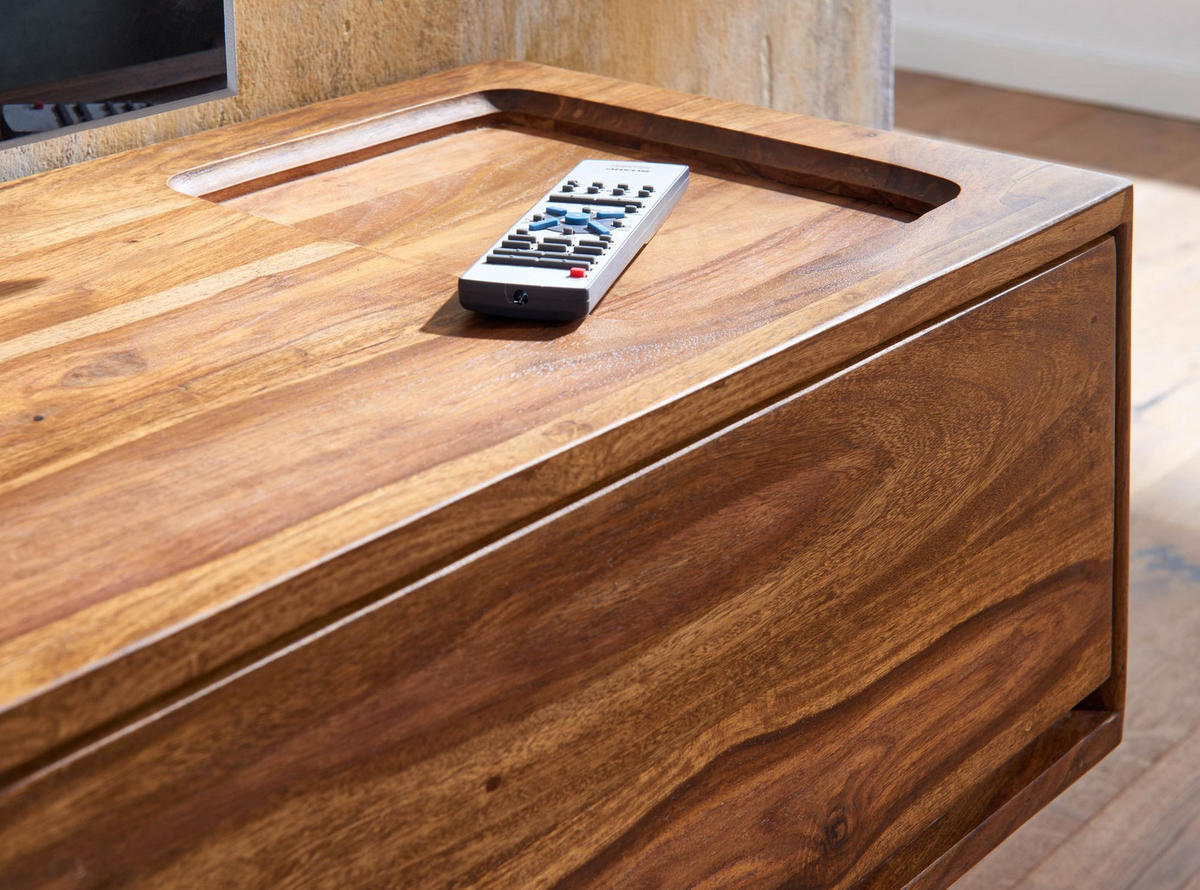 LOWBOARD Massivholz Modern Stil für Fernseher bis 50 Zoll mit Schublade und offenem Fach - Braun, Holz (108/25/34cm) - KADIMA DESIGN