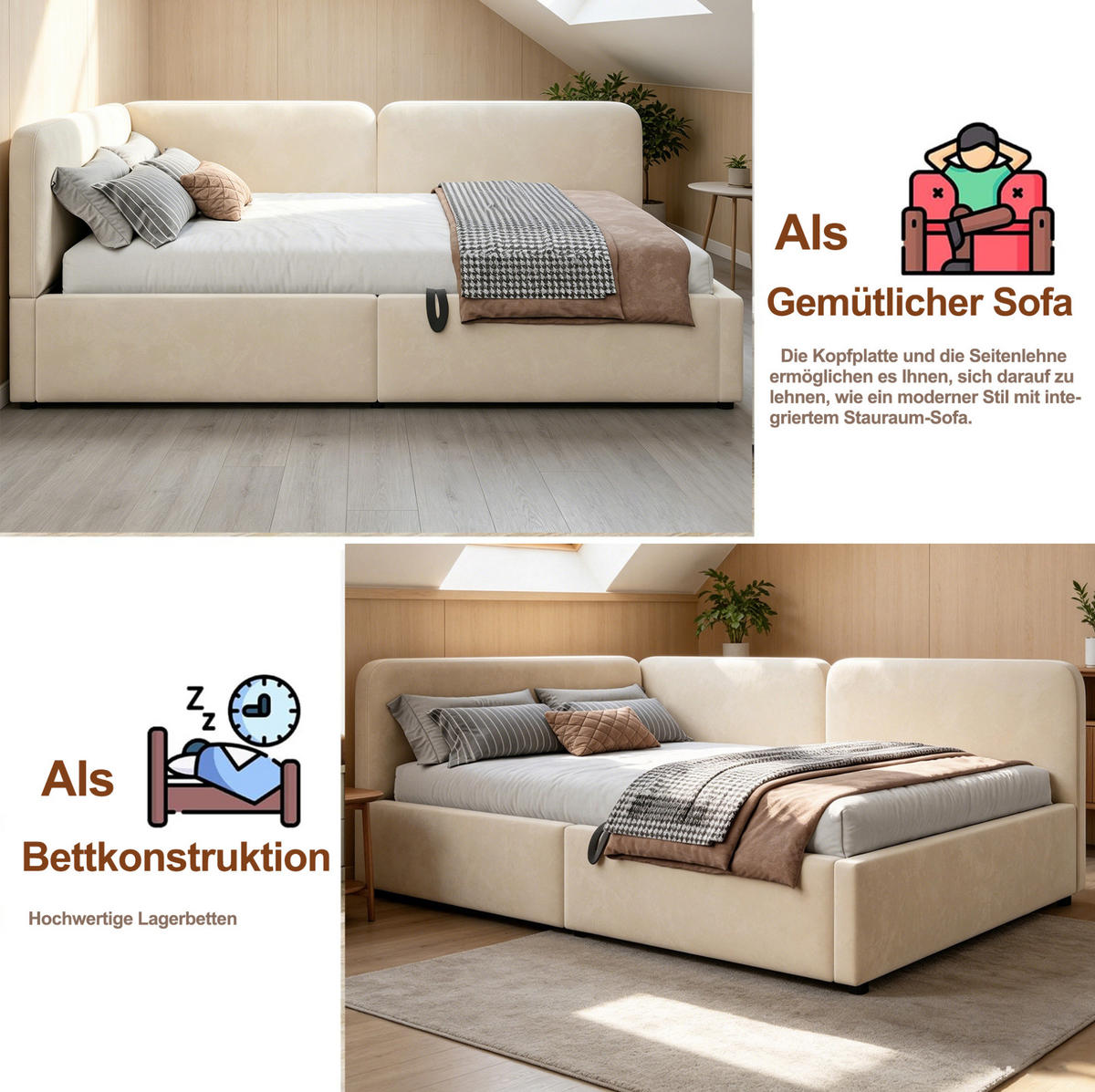 90 x 200 cm Samt-Schlafsofa mit hydraulischem Stauraum, hohem Kopfteil, austauschbarer Rückenlehne, platzsparendes Bett , Beige - Beige, Textil/Metall (90/200cm) - Modenvie
