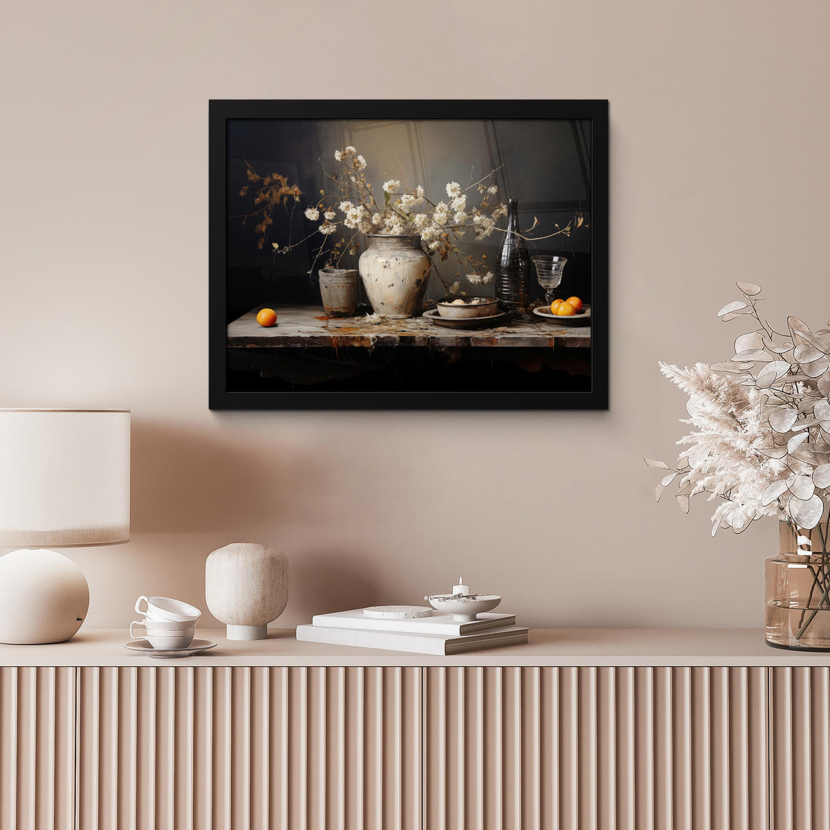 POSTER MIT RAHMEN Stilleben - Blumen - Blumenstrauß - Vase - Wein 40x30 cm - Schwarz, Papier (40/30cm) - MuchoWow