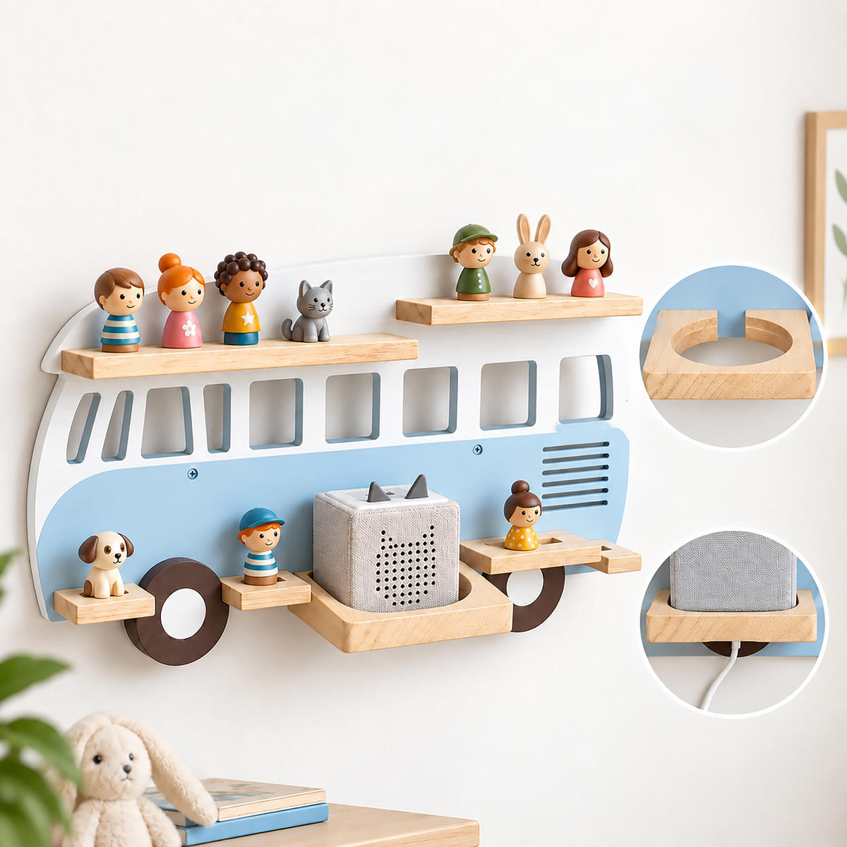 WANDREGAL Blau Busform für 25 Hörfiguren - Blau, Holz (62/32/13cm) - Relaxdays