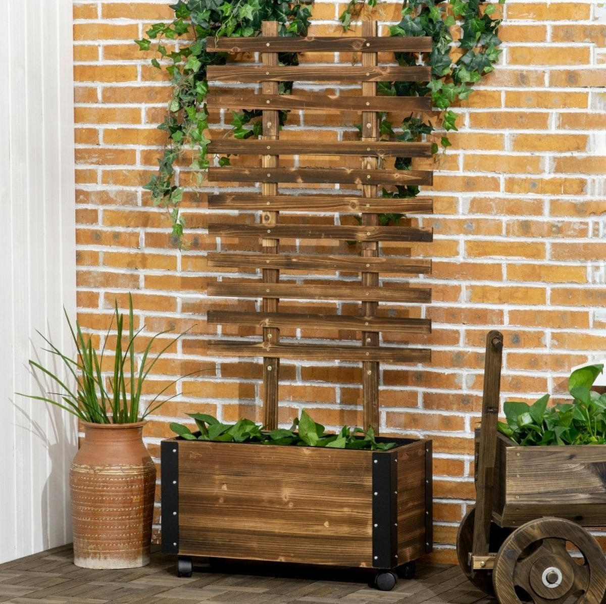 BLUMENKASTEN aus Massivholz 65x31x147 cm in Braun mit Rankhilfe & 4 Rollen - Braun, Holz (31/147/65cm) - Modfu