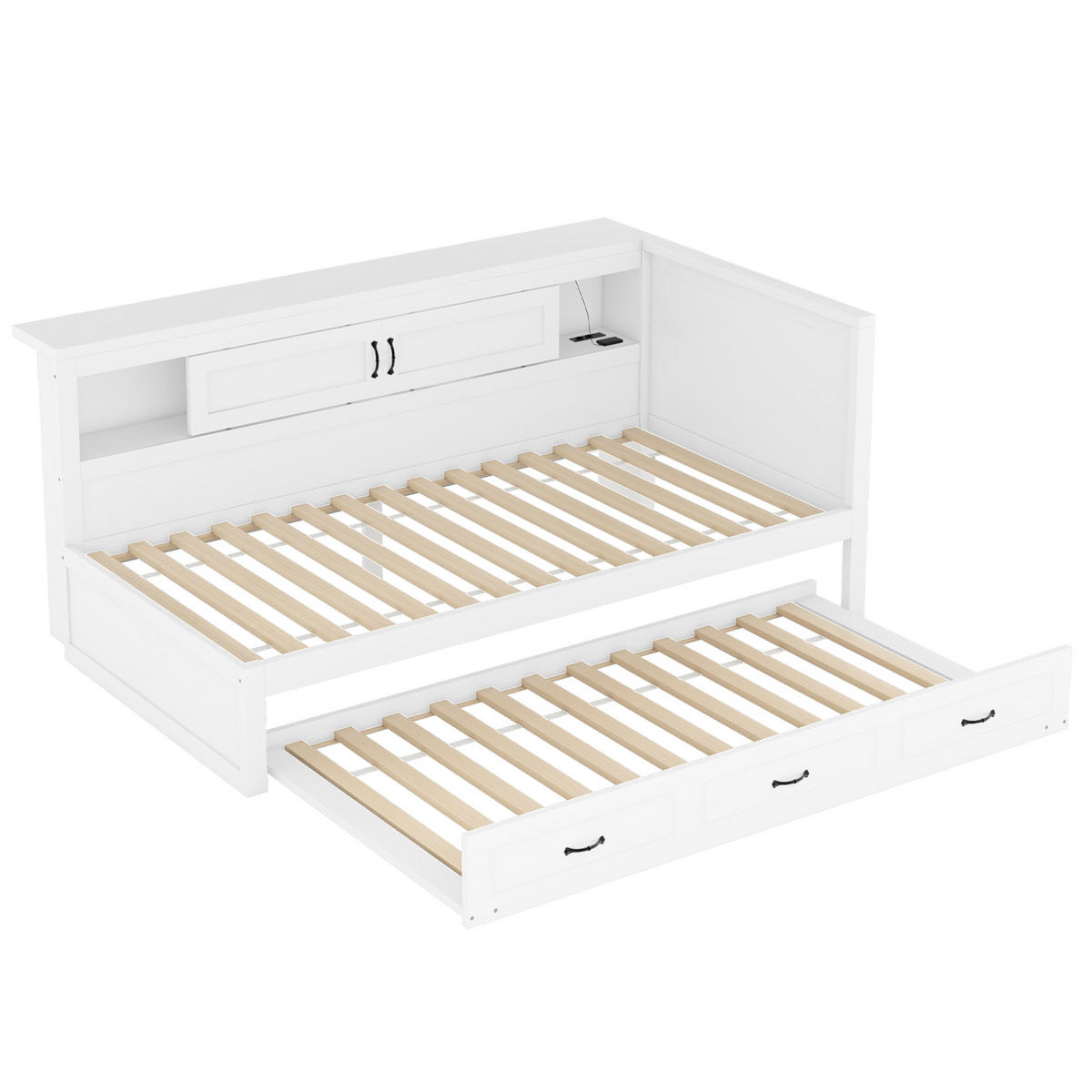 BETT 90/200 cm in Weiß mit Kopfteil, Ausziehbett, Stauraum und LED - Weiß, Holzwerkstoff (90/200cm) - BEAOK