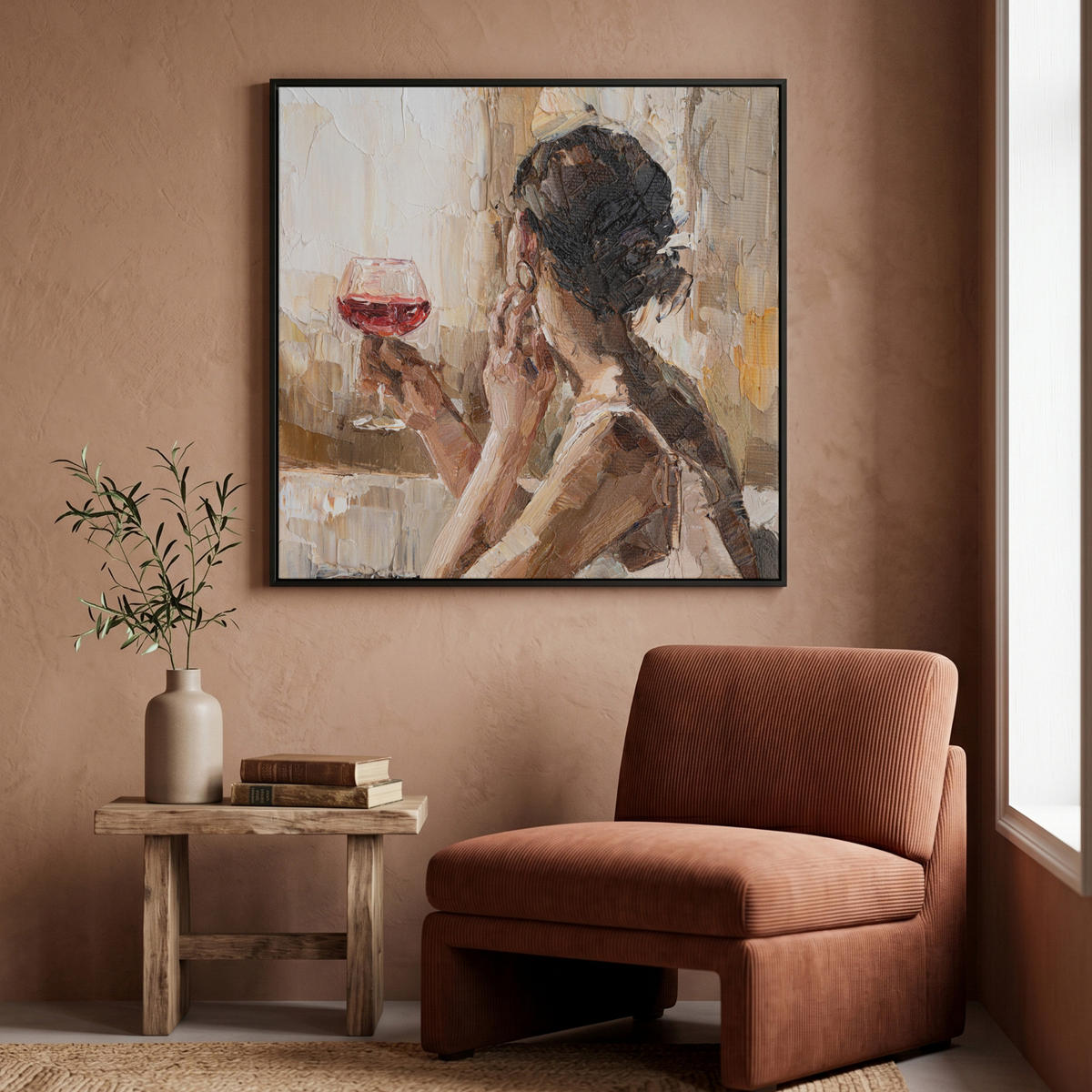 LEINWAND Bilder mit Rahmen - Ölgemälde - Frau - Wein - 90x90 - Hellbraun, Textil (90/90cm) - MuchoWow
