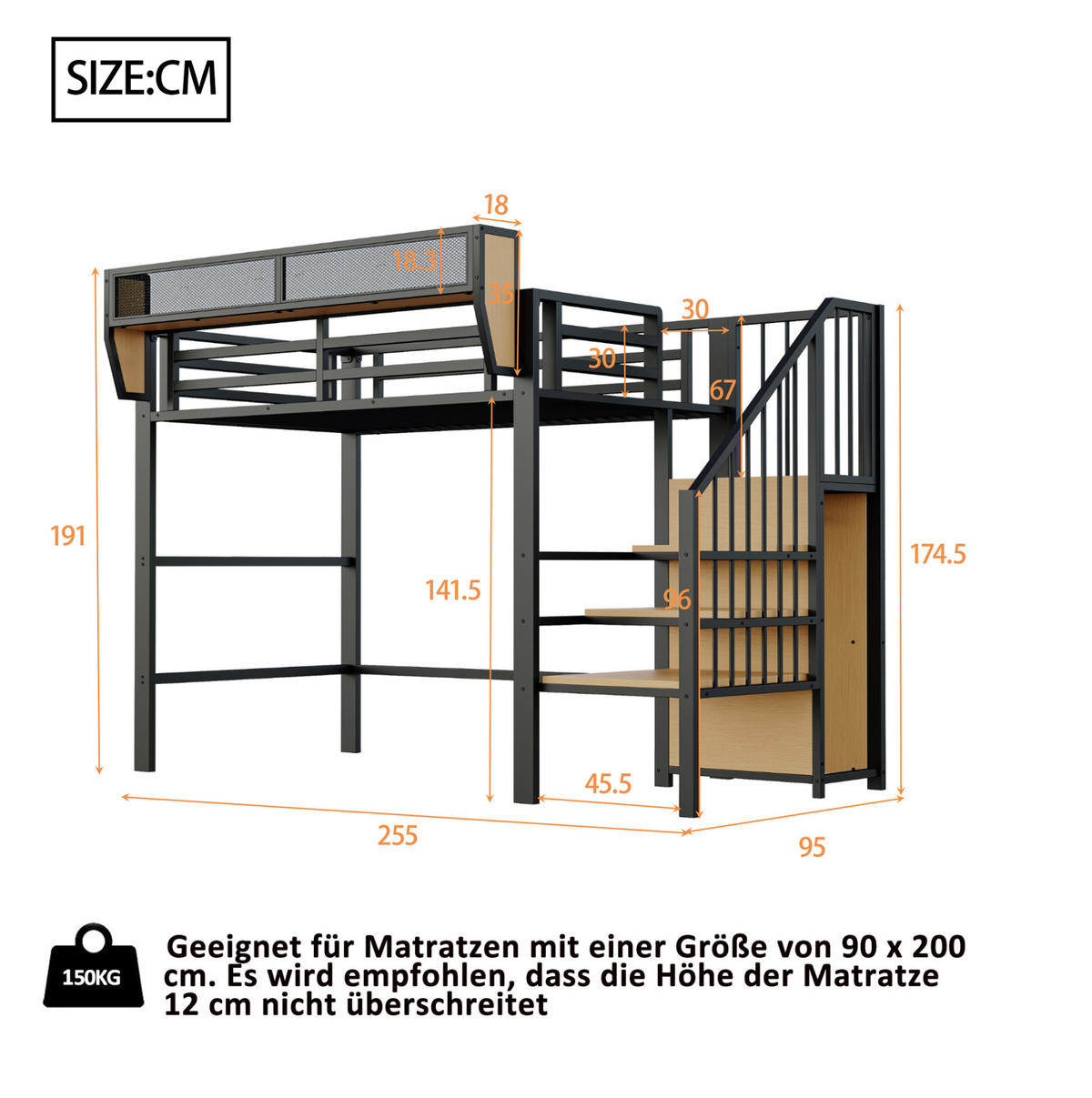 HOCHBETT 90/200 cm mit Sicherheitsleiter und flexiblem Regal, platzsparendes Metallbett, Schwarz - Schwarz, Metall (90/200cm) - Redom