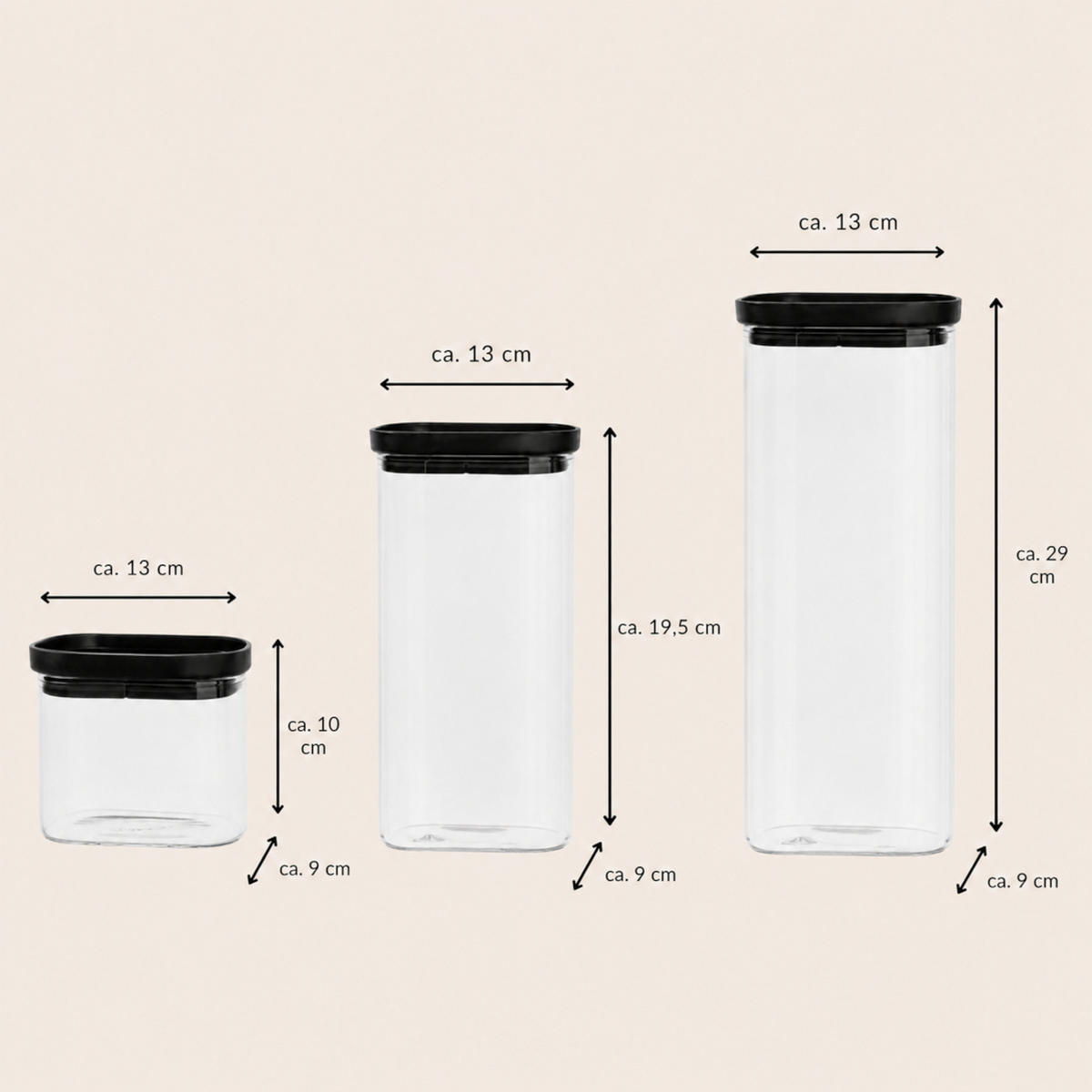 VORRATSGLÄSER LIDKÖPING 3-er Set schwarz - Schwarz, Glas (21/34/15cm) - Mulex