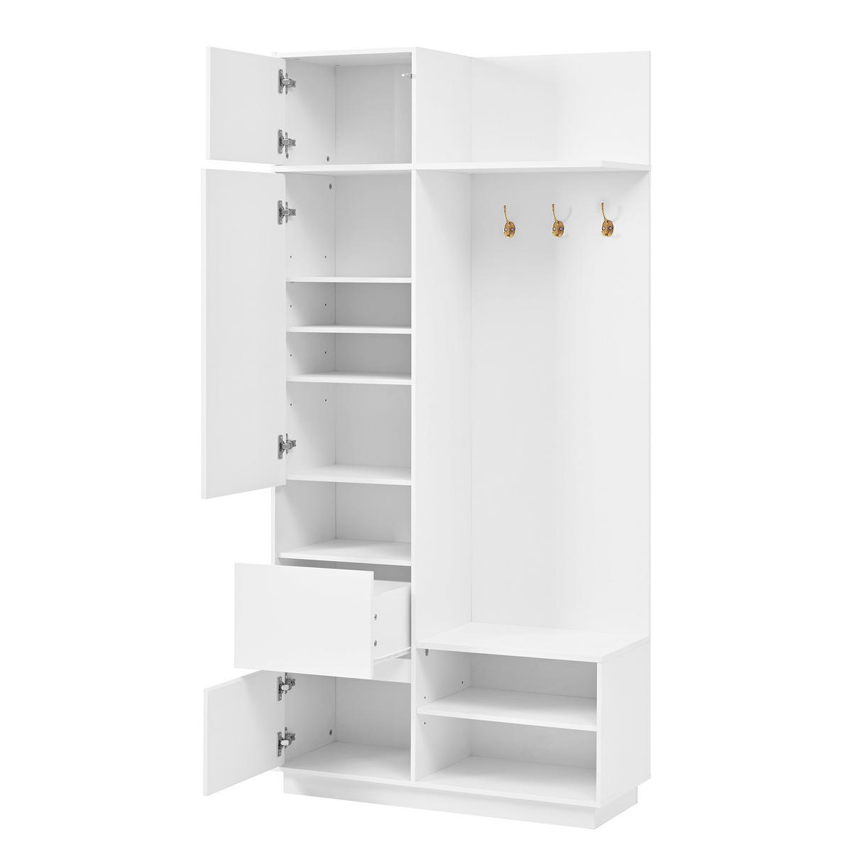 KOMPAKTGARDEROBE Spiegel Sitzbank Schuhschrank Haken Flur modern - Weiß, Holzwerkstoff (34.5/190/90cm) - FLIEKS