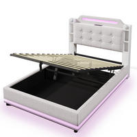 POLSTERBETT 140x200cm Beige Leinen LED-Licht Hydraulik USB-C - Beige, Holz (140/200cm) - FLIEKS