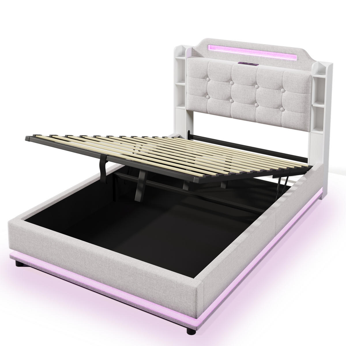 POLSTERBETT 140x200cm Beige Leinen LED-Licht Hydraulik USB-C - Beige, Holz (140/200cm) - FLIEKS