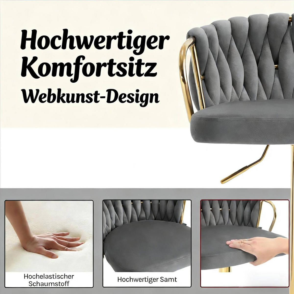 BARHOCKER höhenverstellbar mit Armlehnen 49,5 x 50,5 x 77-98 cm Samt Dunkelgrau - Dunkelgrau, Metall (49.5/98/50.5cm) - Meubliv