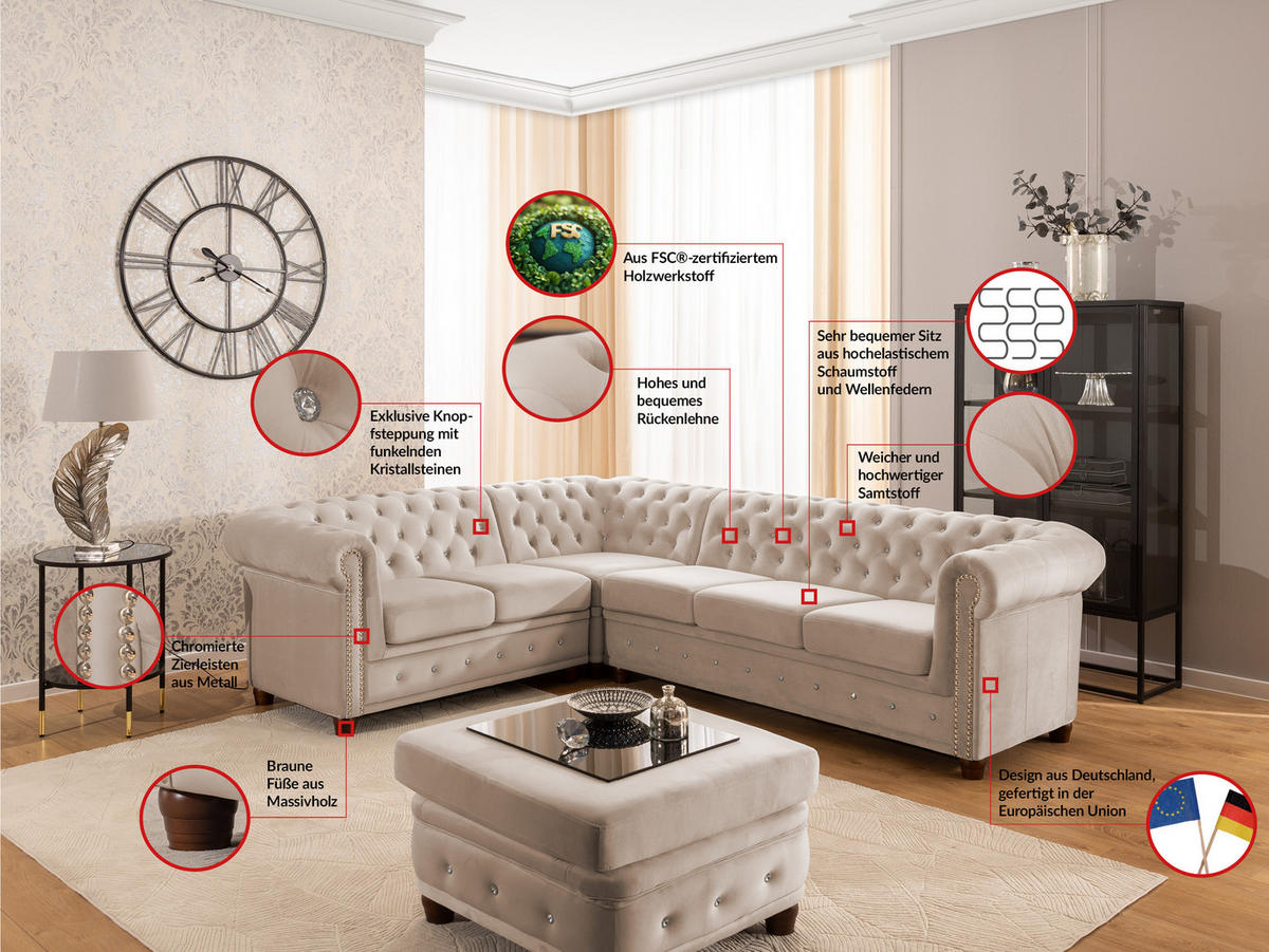 ECKSOFA Chesterfield Cleo Blink Beige Samt mit Kristallsteppung und braunen Massivholzfüßen - Ottomane Links - Beige/Braun, Holz/Textil (264/210cm) - S-Style Möbel