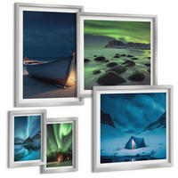 BILDER SET 5er Set - 50x50 cm & 20x30 cm & 40x60 cm Silberner Rahmen - Winterlandschaften, Nordlichter, Berge - Silberfarben, Kunststoff (40/60cm) - TULUP